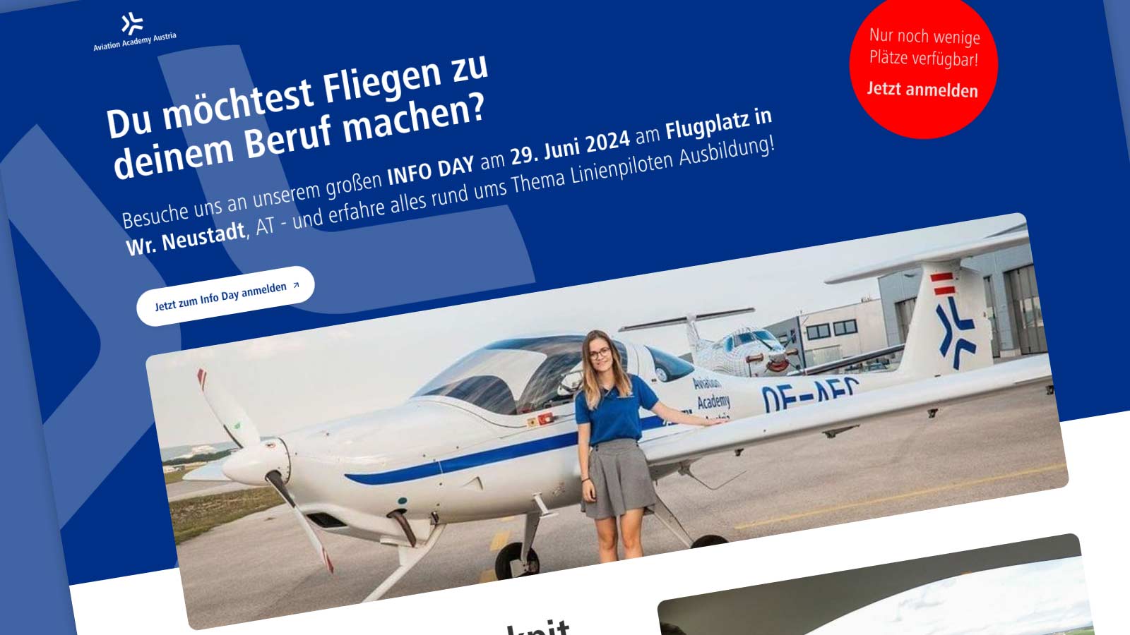 Alpha148 Projekt: Landingpage-Kampagne für die Aviation Academy Austria – moderne Website für Pilotenausbildung mit klarer Struktur, Conversion-Optimierung und responsivem Design.